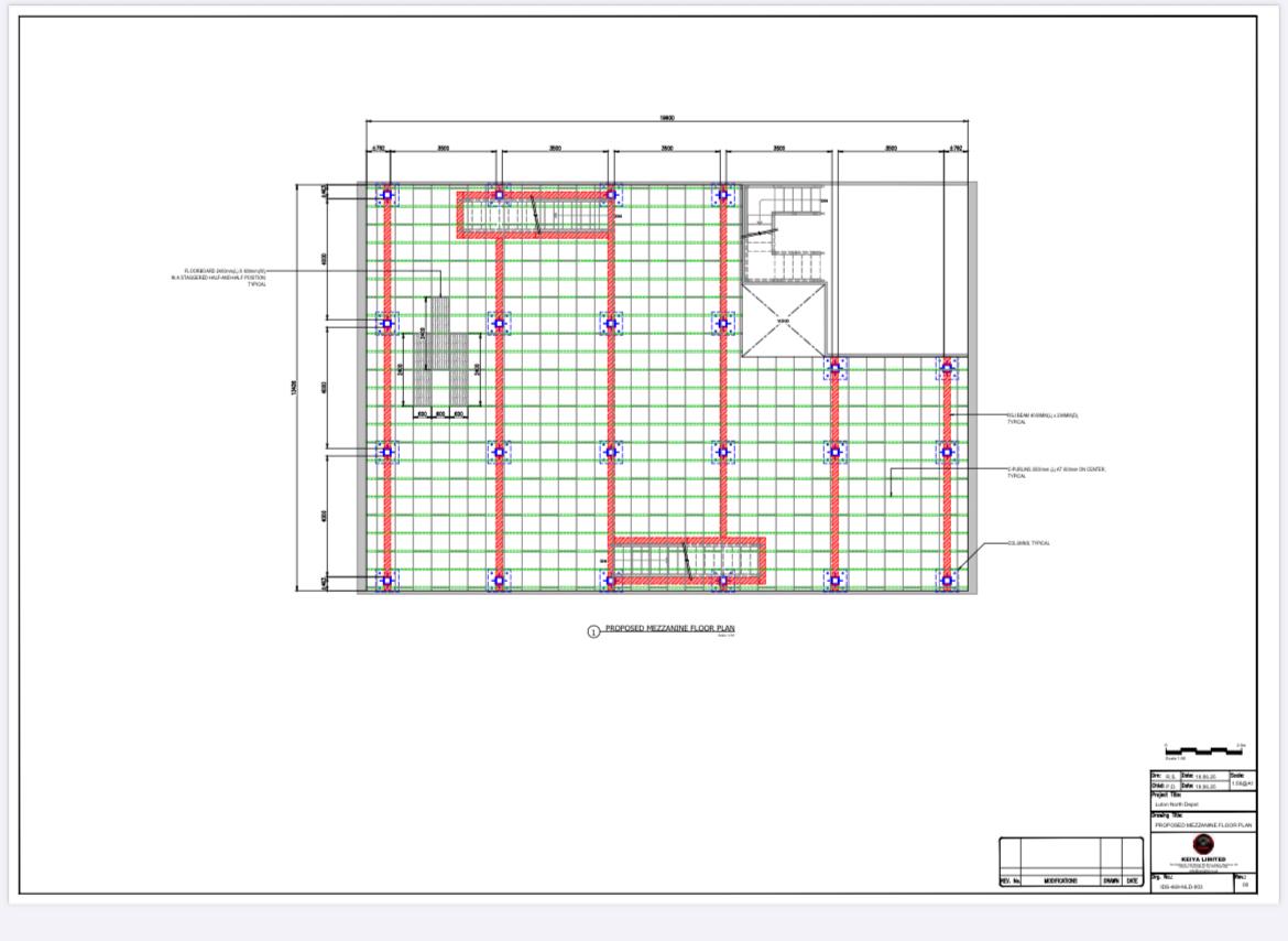 A CAD drawing of a proposed mezzanine floor plan showing beams, columns and staircases